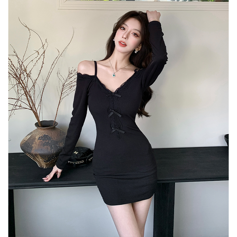 2026 Spring Summer Lace Long Sleeve Bodycon Dress Women Off Shoulder Cami Mini Dress - Image 4