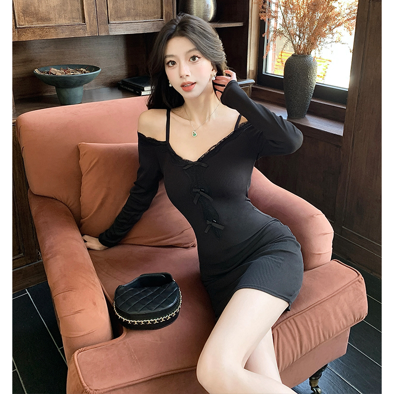 2026 Spring Summer Lace Long Sleeve Bodycon Dress Women Off Shoulder Cami Mini Dress - Image 5