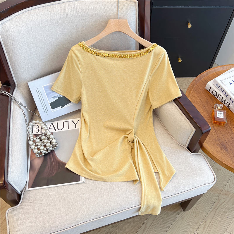 Women’s Off-Shoulder Rhinestone Short Sleeve T-Shirt with Tie Detail