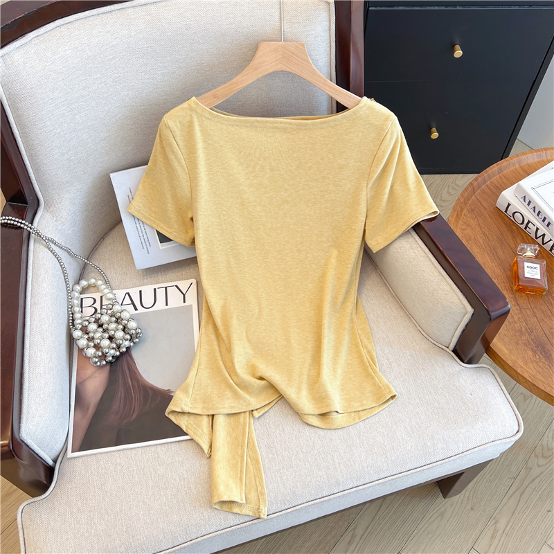 Women’s Off-Shoulder Rhinestone Short Sleeve T-Shirt with Tie Detail