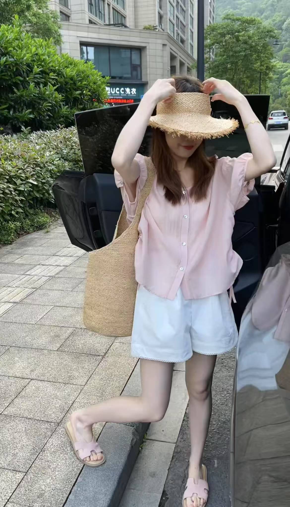 Women’s Two-Piece Pleated Collar Drawstring Short Sleeve Shirt and White Lace Shorts Set