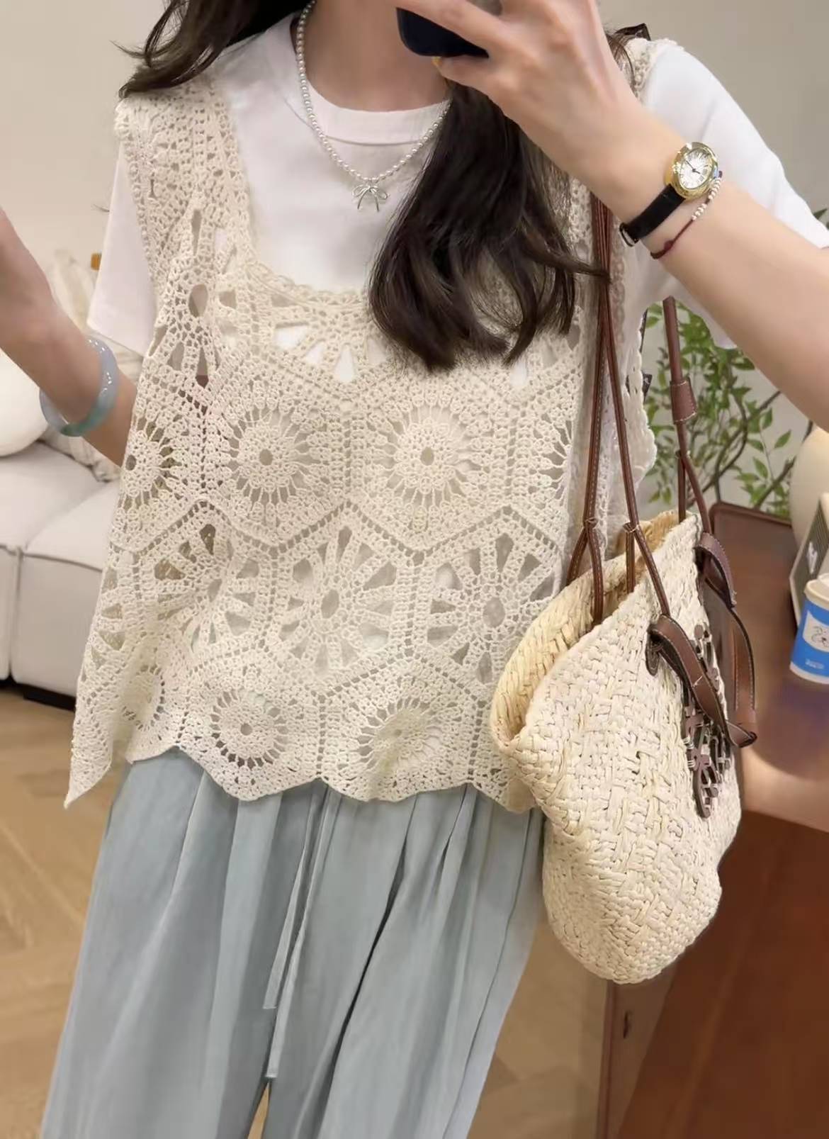 Trending Round Neck Slimming Cotton T-Shirt with Hollow Out Cover-Up and Blue Flowy Pants Three-Piece Set