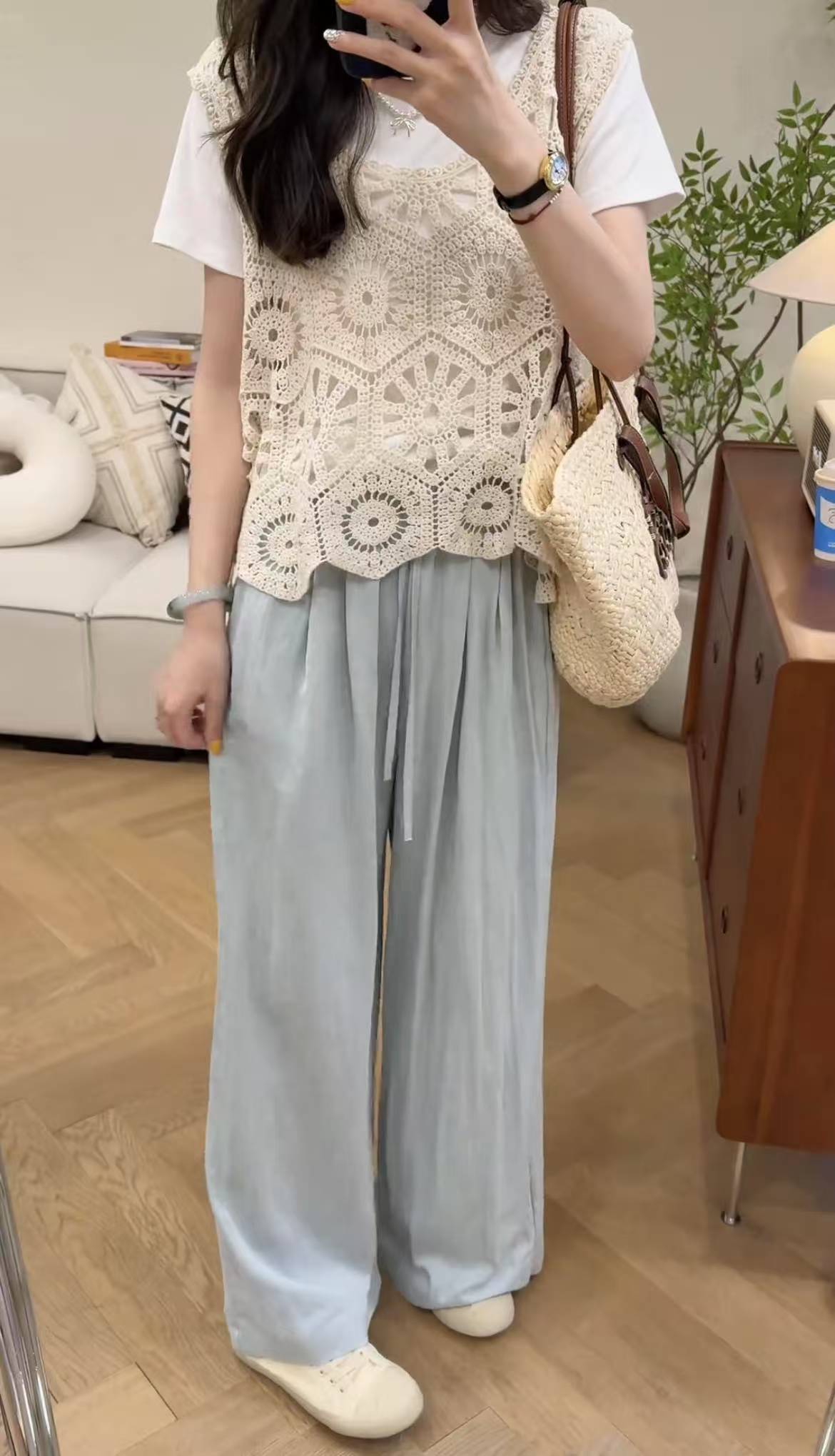 Trending Round Neck Slimming Cotton T-Shirt with Hollow Out Cover-Up and Blue Flowy Pants Three-Piece Set - Image 4