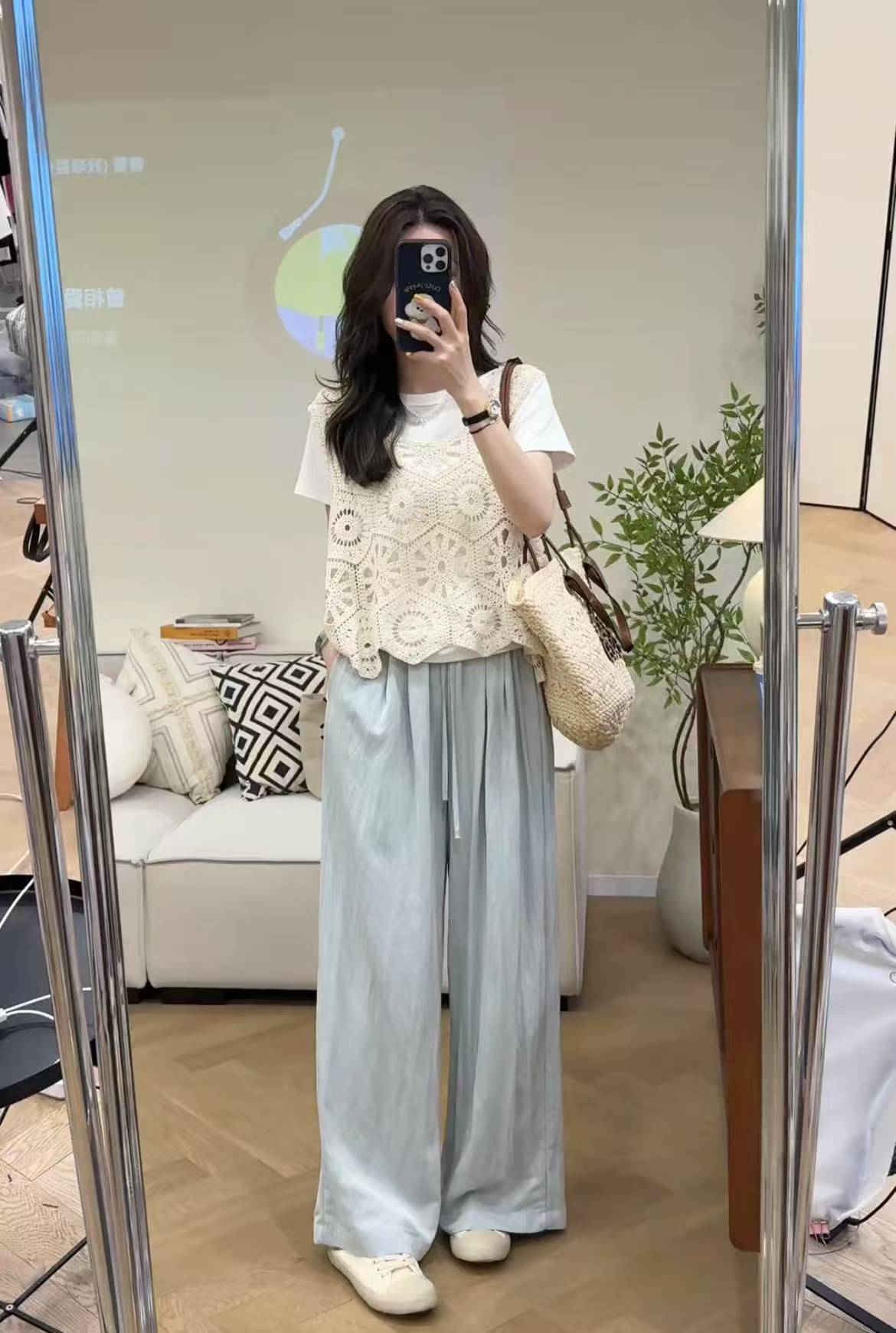 Trending Round Neck Slimming Cotton T-Shirt with Hollow Out Cover-Up and Blue Flowy Pants Three-Piece Set