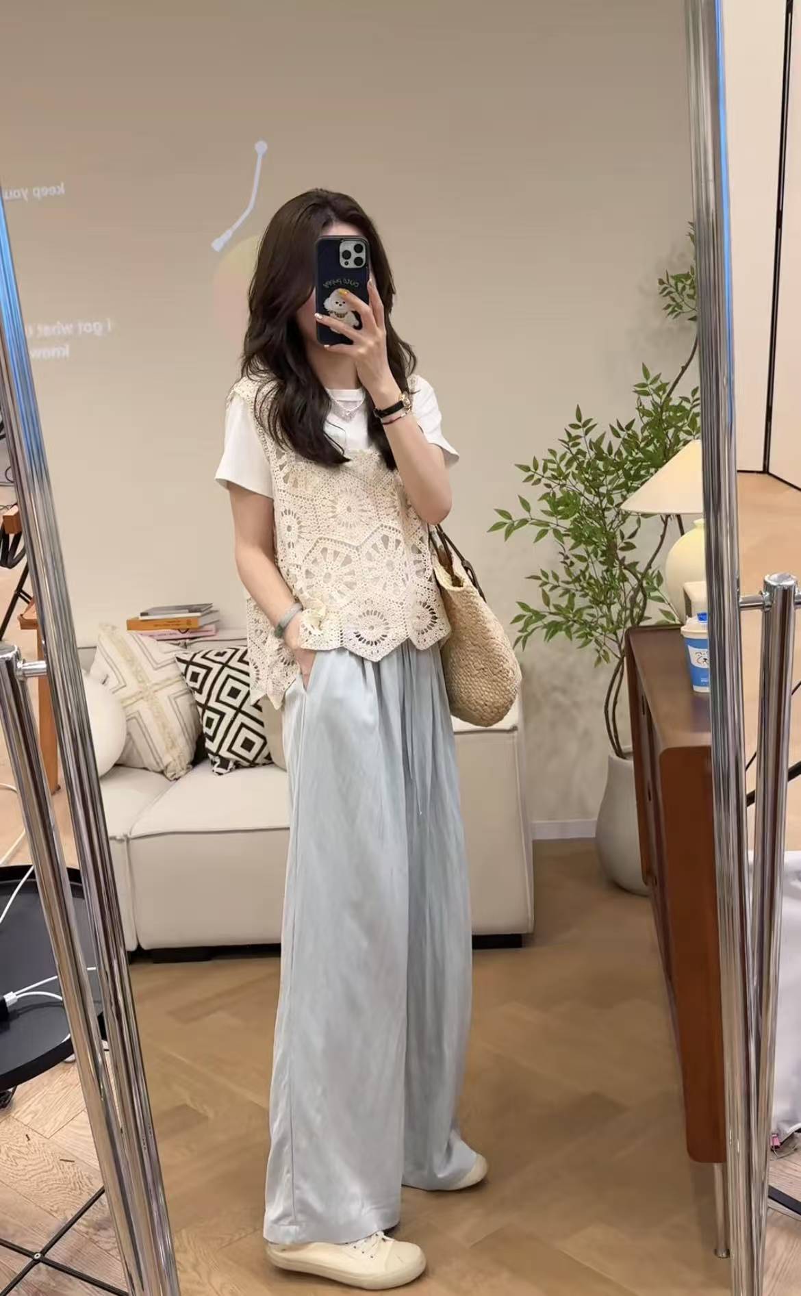 Trending Round Neck Slimming Cotton T-Shirt with Hollow Out Cover-Up and Blue Flowy Pants Three-Piece Set - Image 3