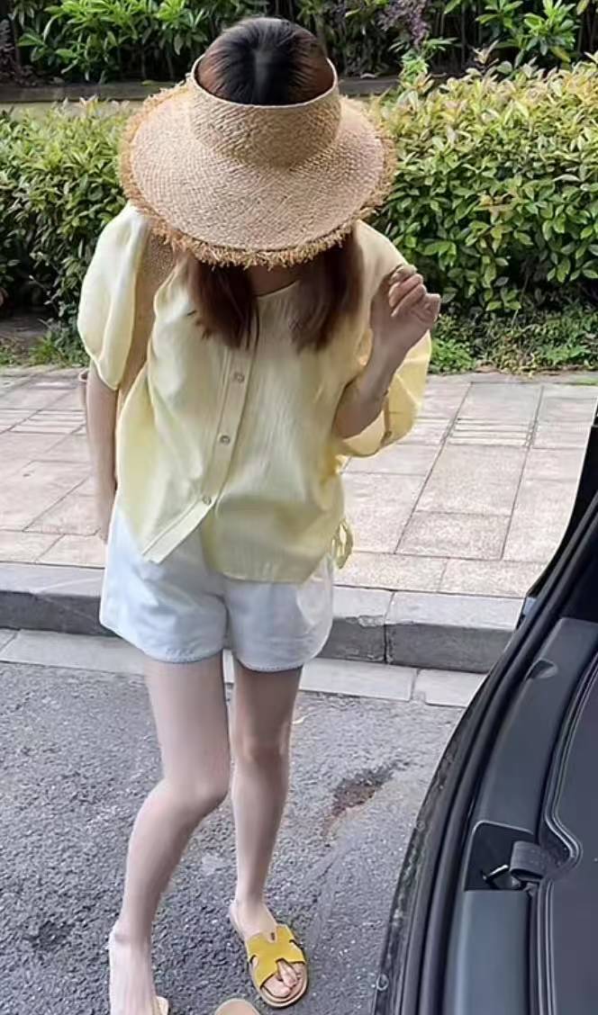 Women's Two-Piece Pleated Collar Drawstring Short Sleeve Shirt and White Lace Shorts Set - Image 4
