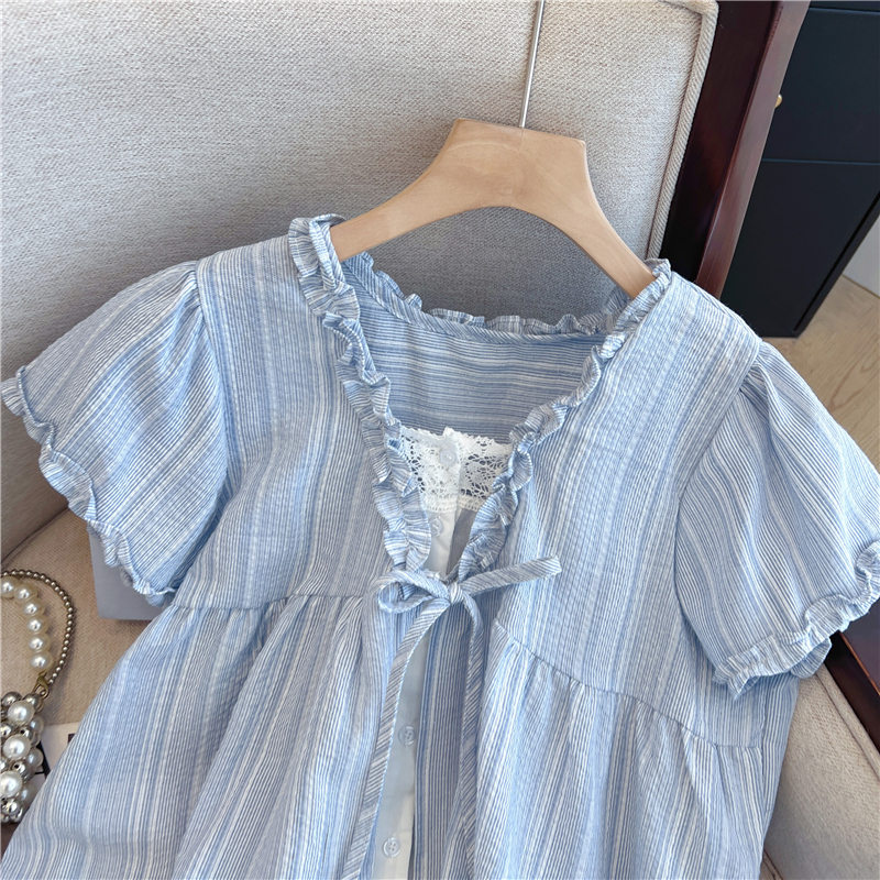 French Style Women’s Summer Blue Tie-Front Doll Blouse Short Sleeve Shirt