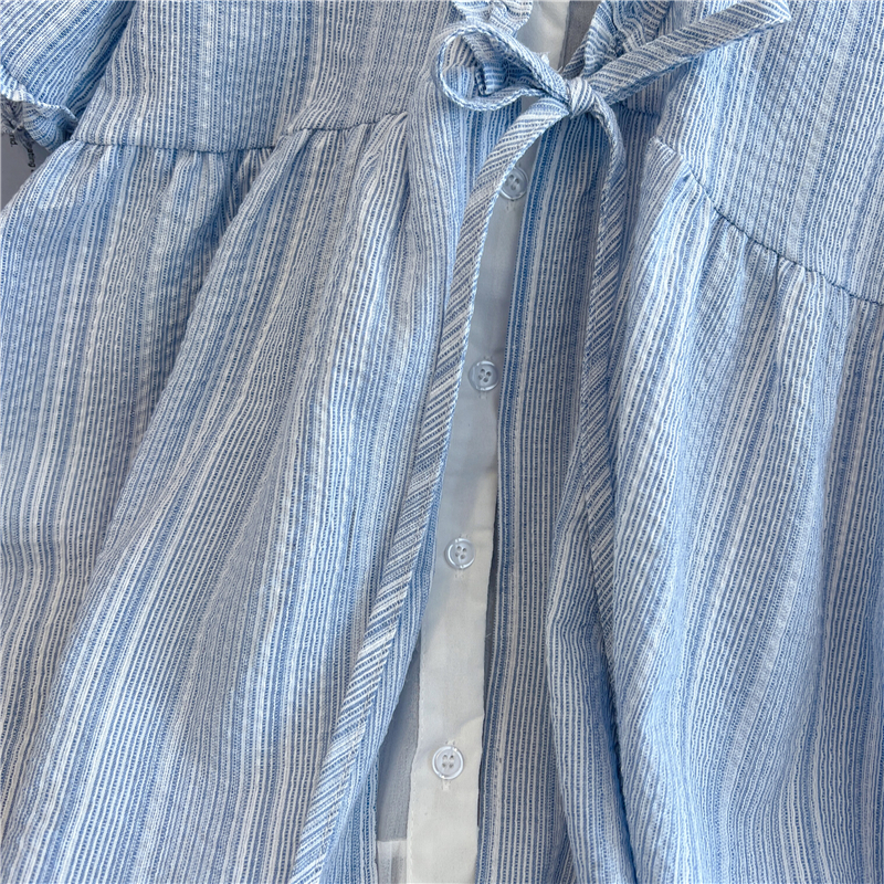 French Style Women's Summer Blue Tie-Front Doll Blouse Short Sleeve Shirt - Image 3
