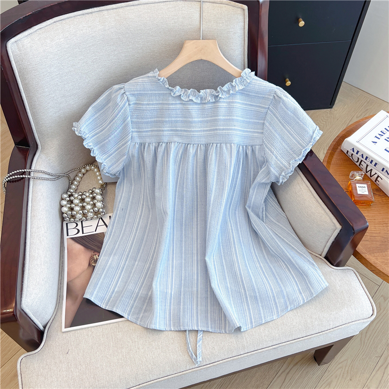 French Style Women's Summer Blue Tie-Front Doll Blouse Short Sleeve Shirt - Image 5