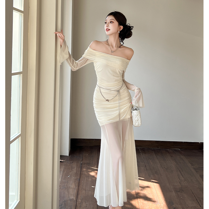 2026 Spring French Off-Shoulder Long Sleeve Mermaid Dress with Waist Chain - Image 3