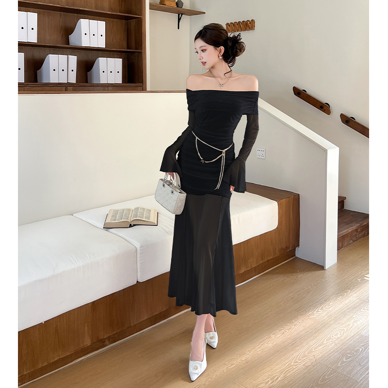 2026 Spring French Off-Shoulder Long Sleeve Mermaid Dress with Waist Chain - Image 4