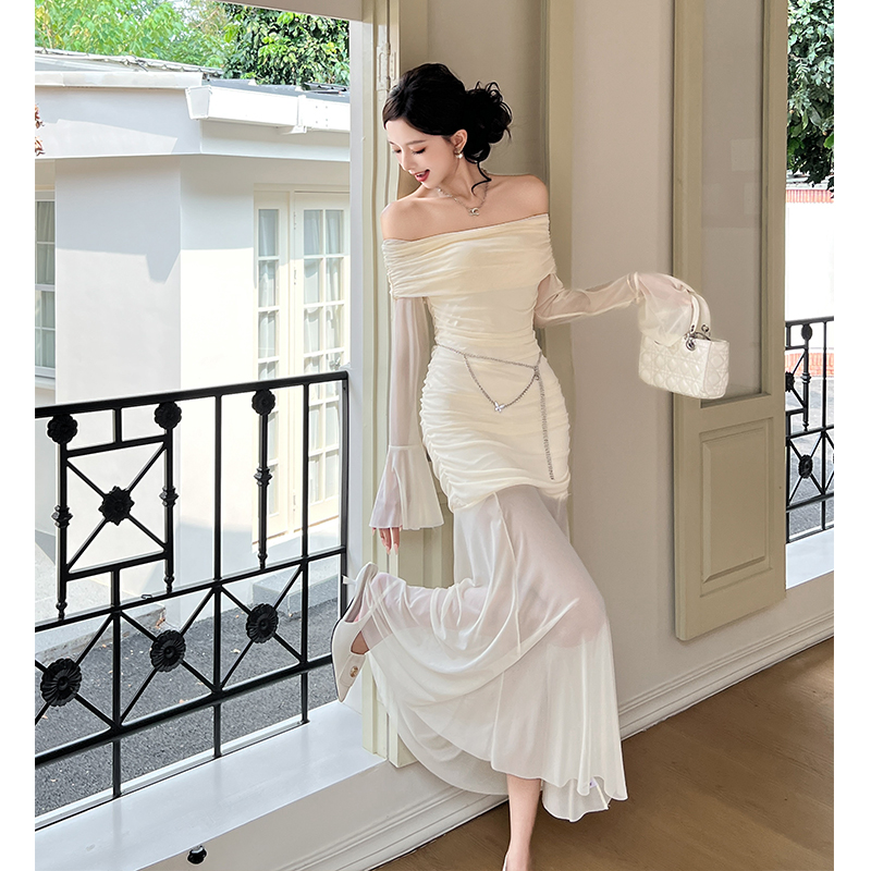 2026 Spring French Off-Shoulder Long Sleeve Mermaid Dress with Waist Chain - Image 5