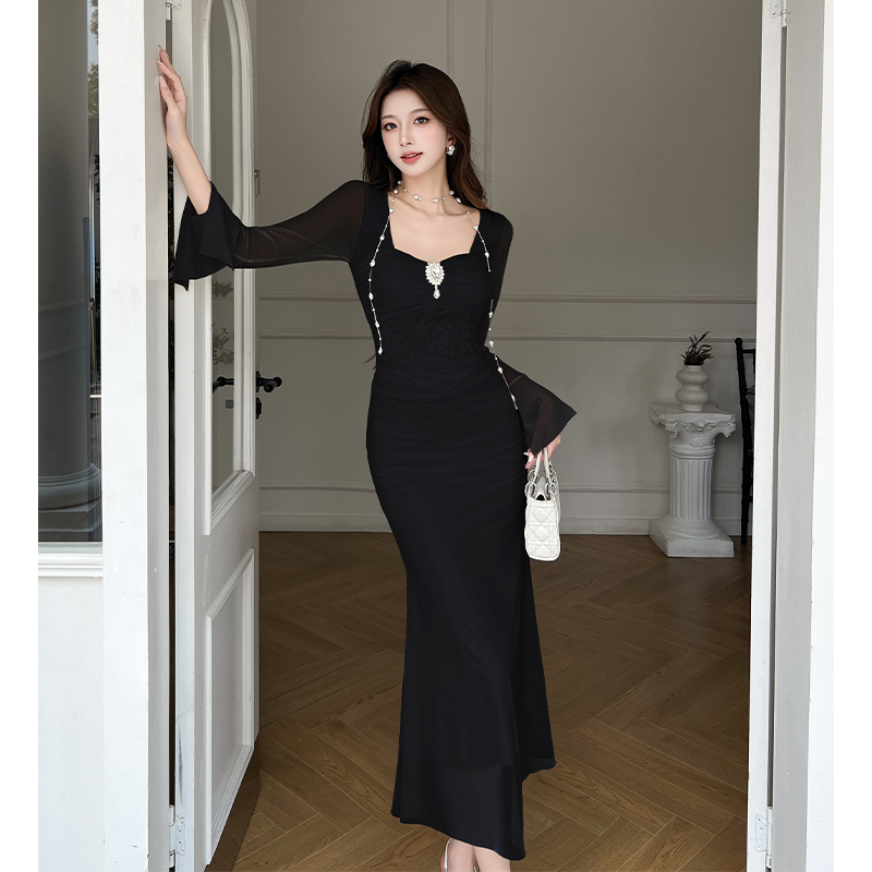 2026 Spring French Style Mesh Panel Bodycon Long Dress for Women