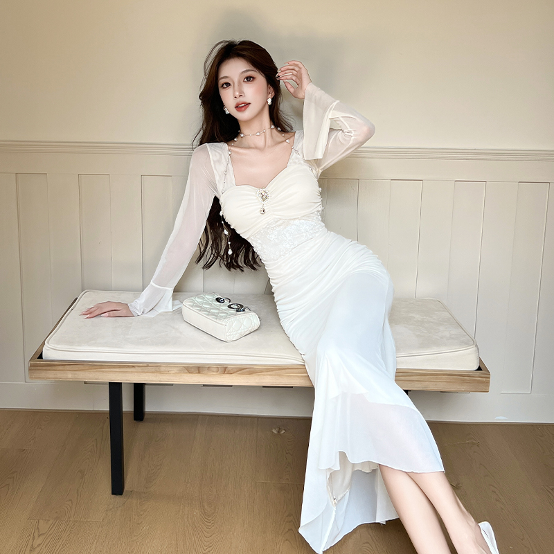 2026 Spring French Style Mesh Panel Bodycon Long Dress for Women - Image 5