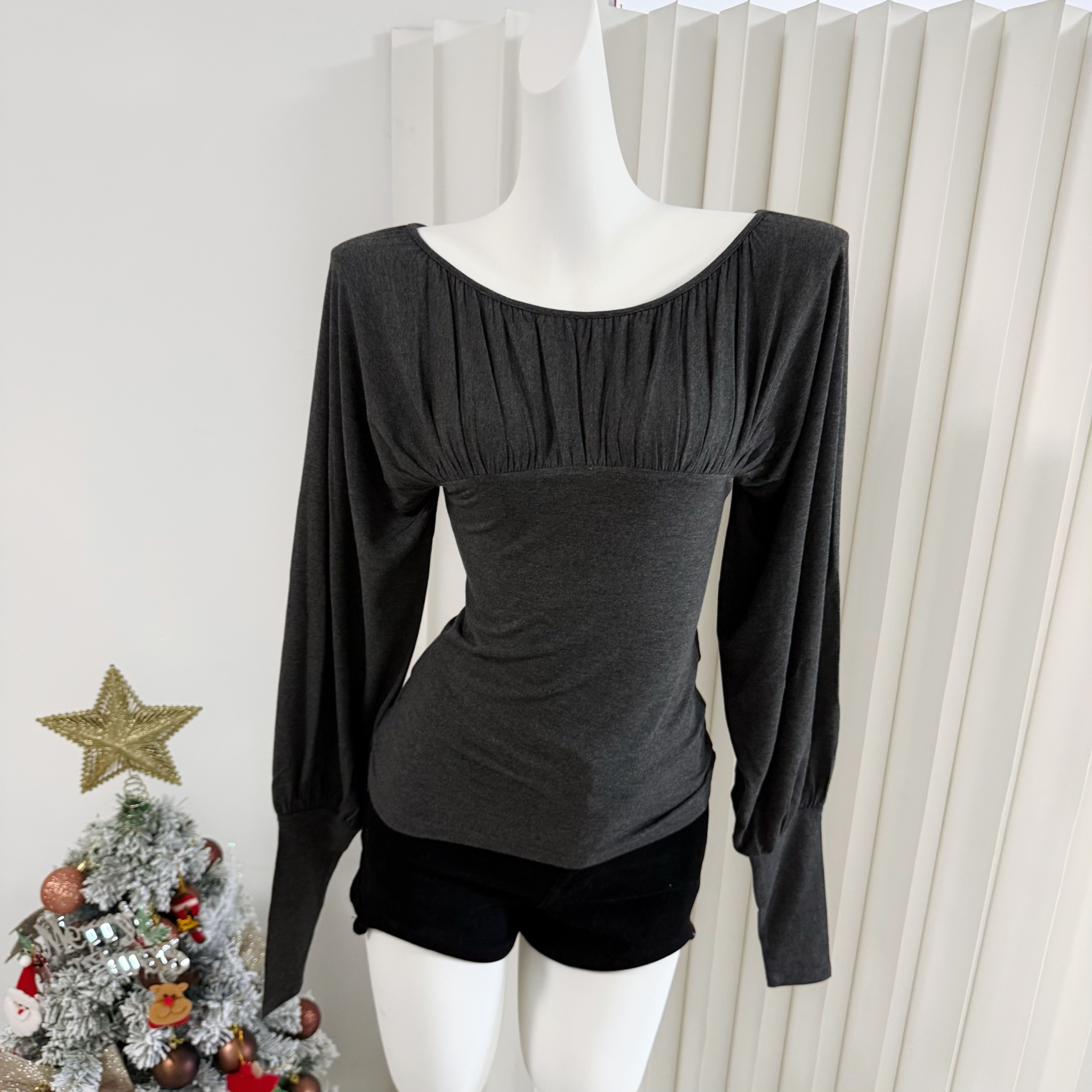 Paloma Wool Dark Gray V-Neck Ruched Slim Fit Long Sleeve Two-Way Top - Image 3