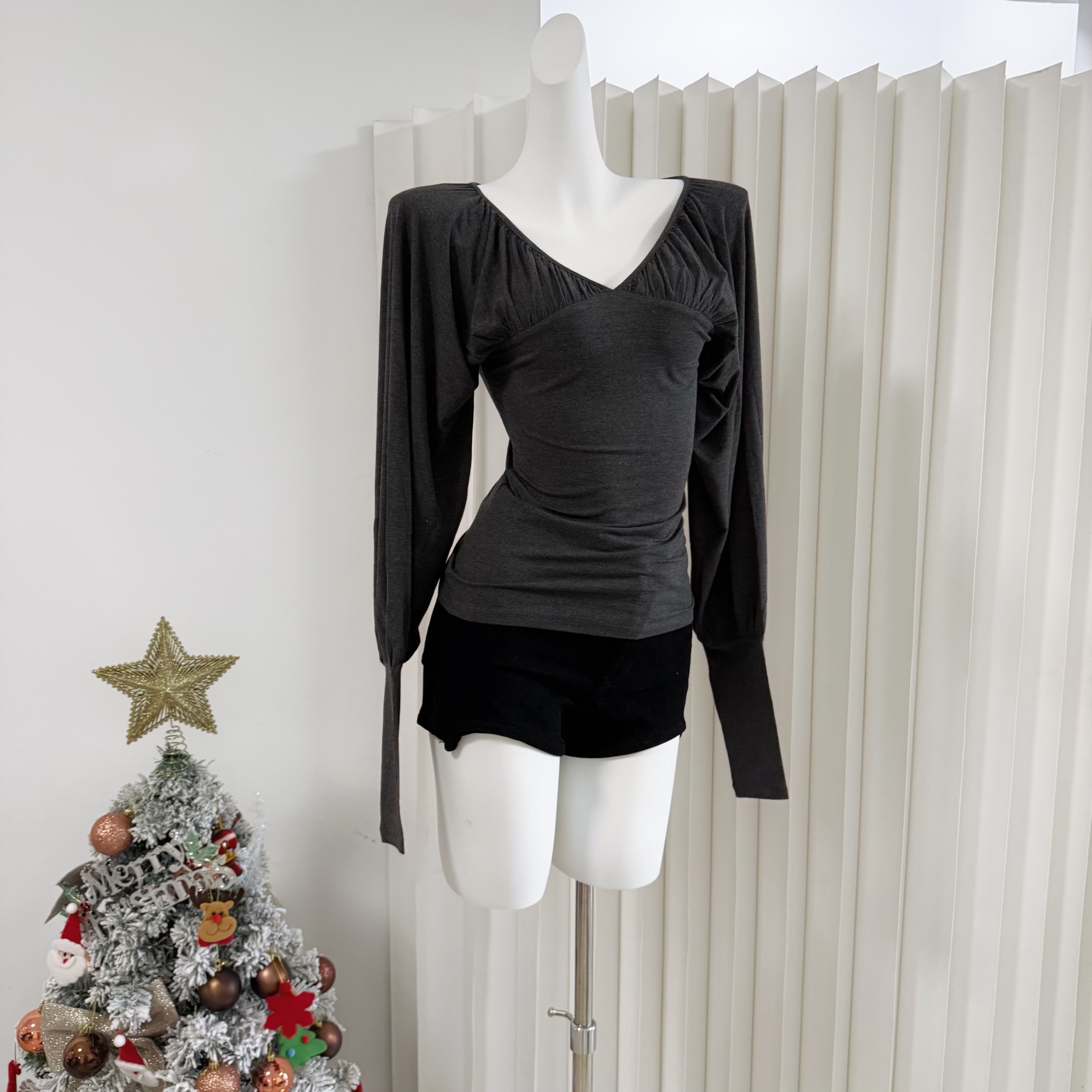 Paloma Wool Dark Gray V-Neck Ruched Slim Fit Long Sleeve Two-Way Top - Image 2