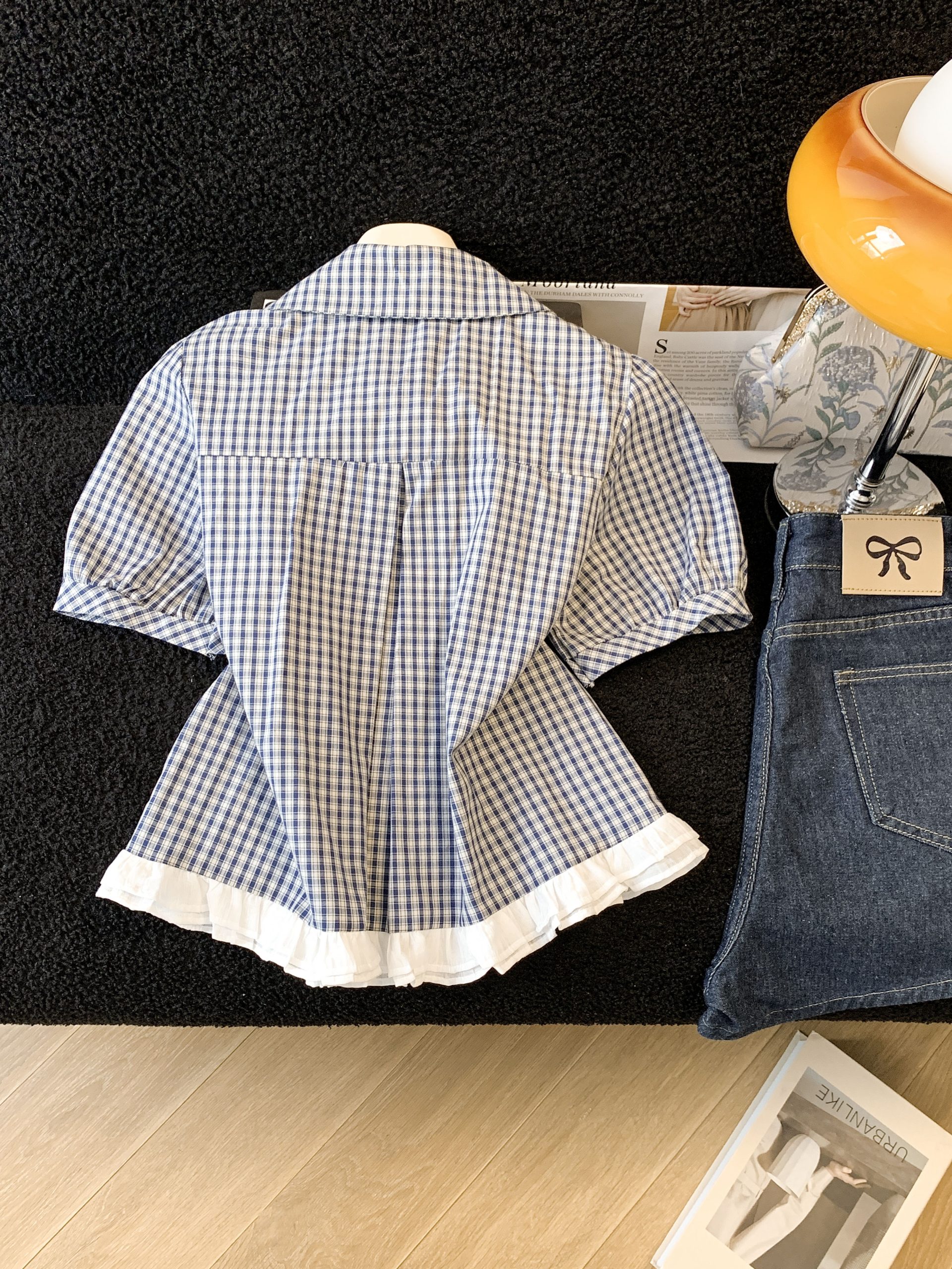Ruffled Plaid Doll Shirt Short Sleeve Women's Fresh Short Blouse - Image 3