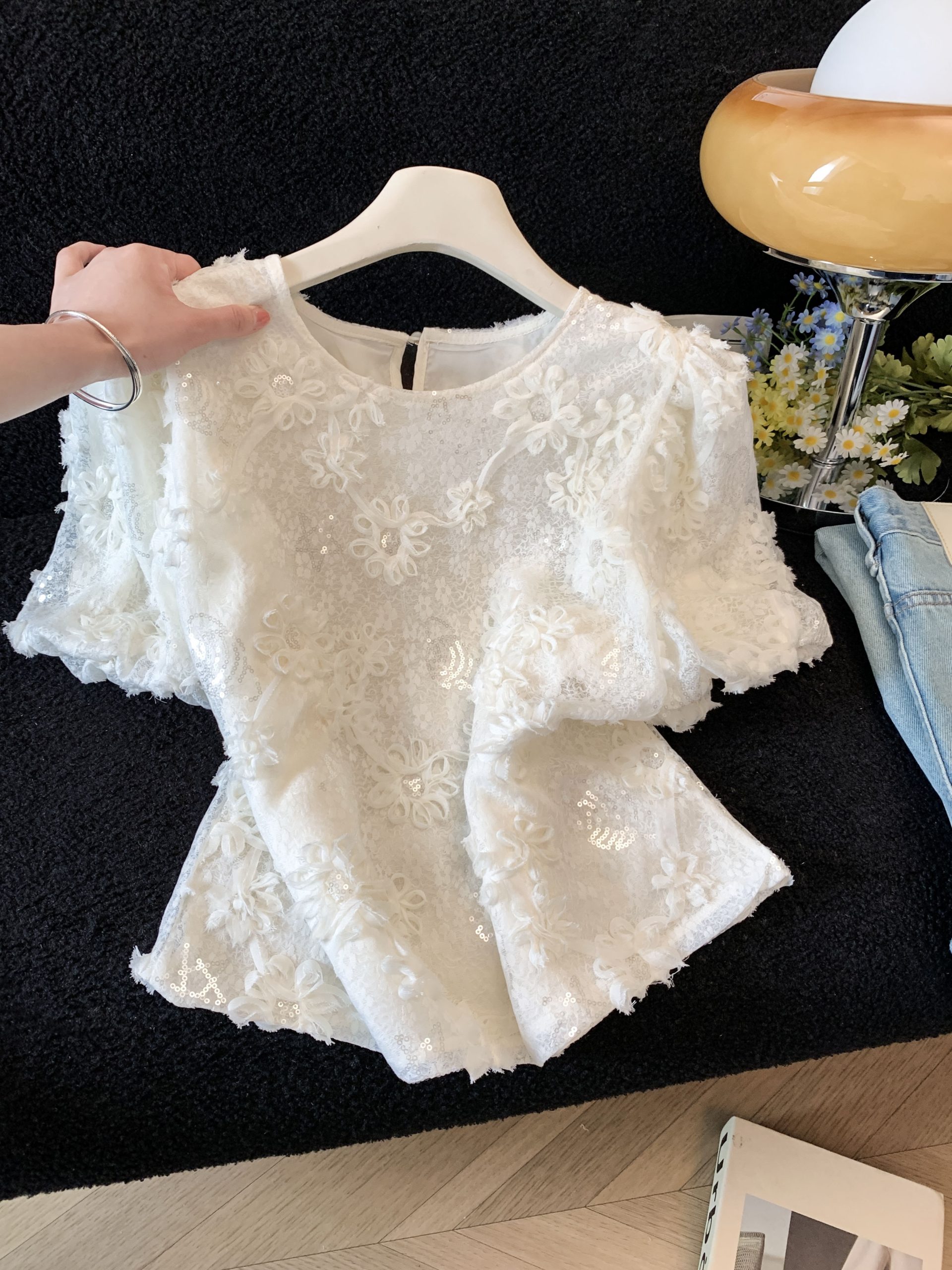 French Light Luxury 3D Floral Sequin Short Sleeve Shirt for Women Summer 2026 New Design Niche Exquisite Top