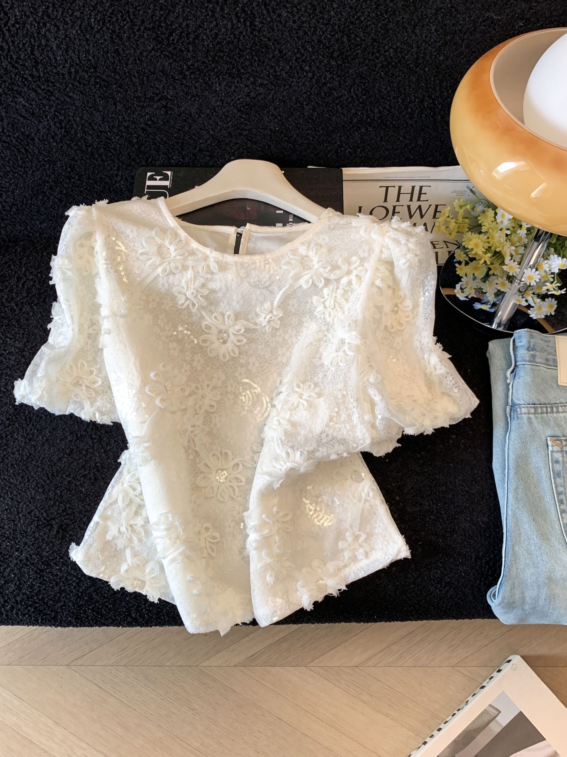 French Light Luxury 3D Floral Sequin Short Sleeve Shirt for Women Summer 2026 New Design Niche Exquisite Top