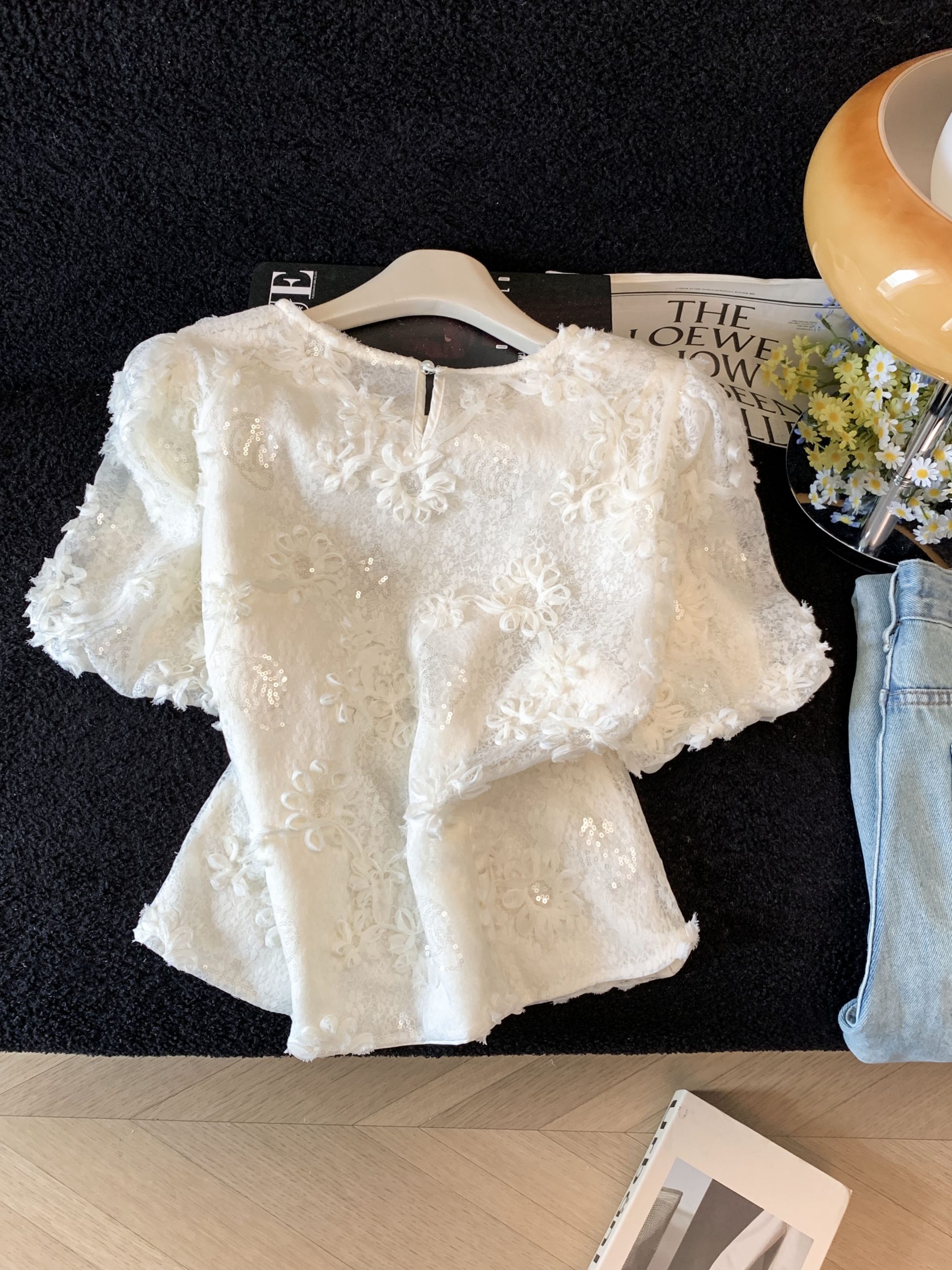 French Light Luxury 3D Floral Sequin Short Sleeve Shirt for Women Summer 2026 New Design Niche Exquisite Top - Image 3