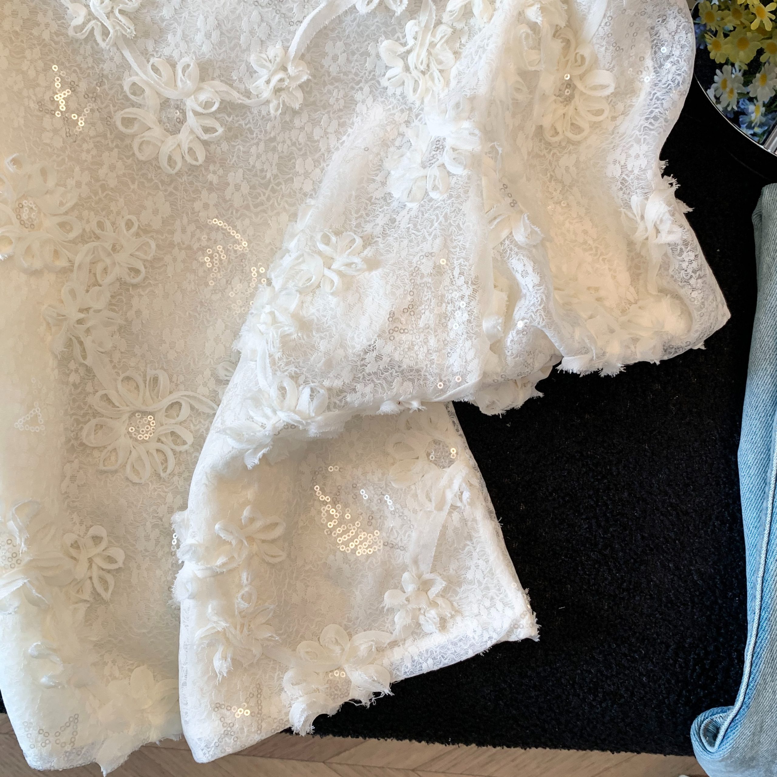 French Light Luxury 3D Floral Sequin Short Sleeve Shirt for Women Summer 2026 New Design Niche Exquisite Top - Image 5