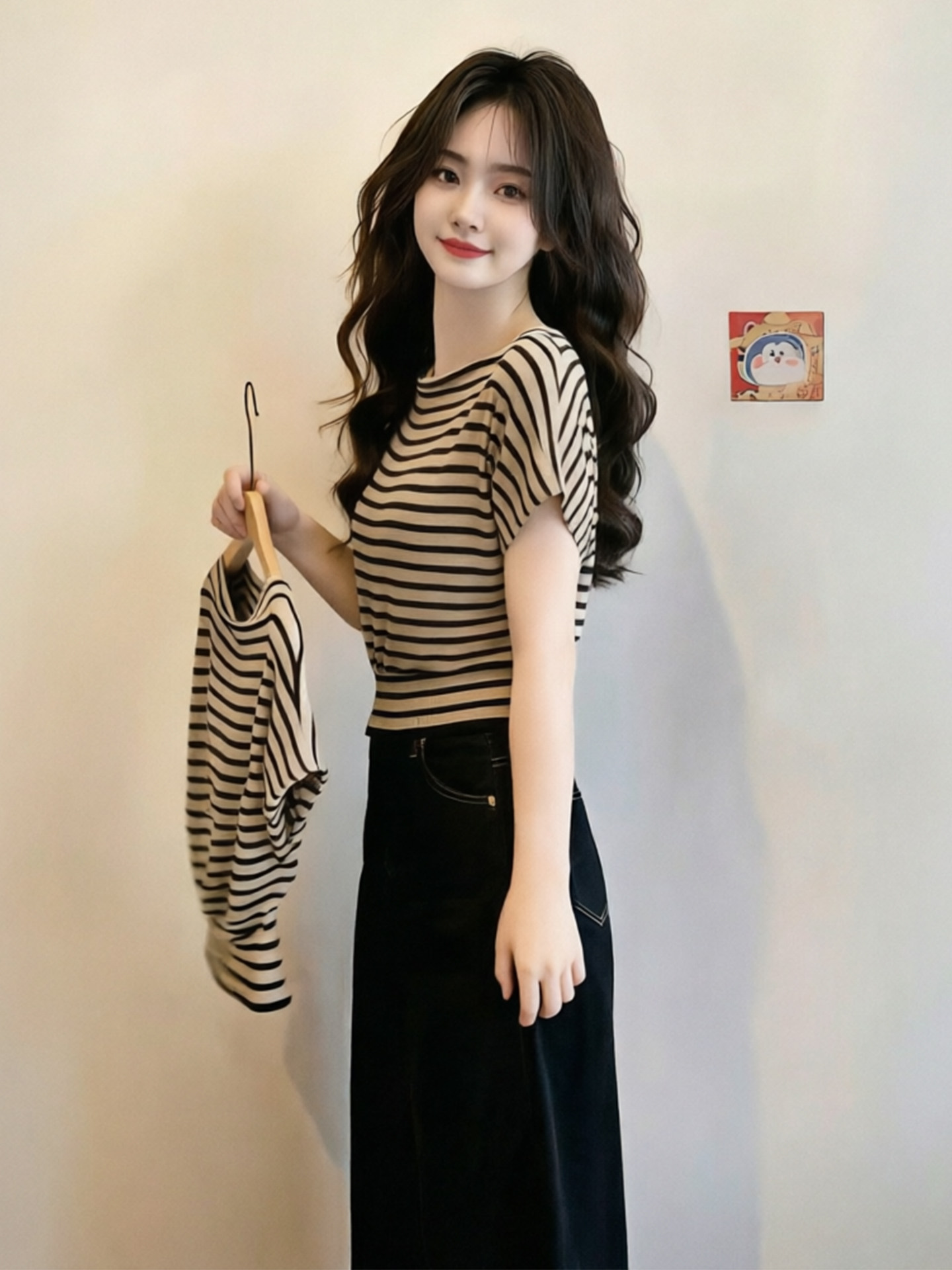 Women's Black Apricot Striped Batwing Sleeve T-Shirt Summer 2026 Short Sleeve Top - Image 3