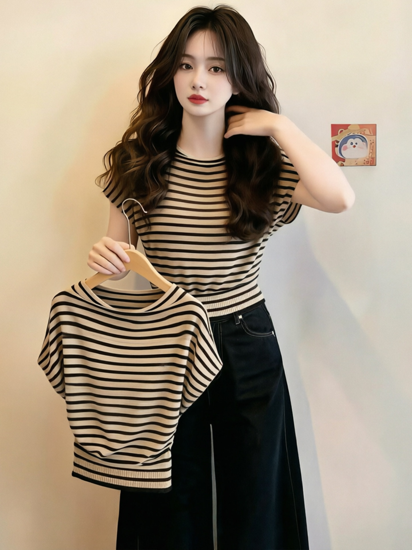 Women’s Black Apricot Striped Batwing Sleeve T-Shirt Summer 2026 Short Sleeve Top