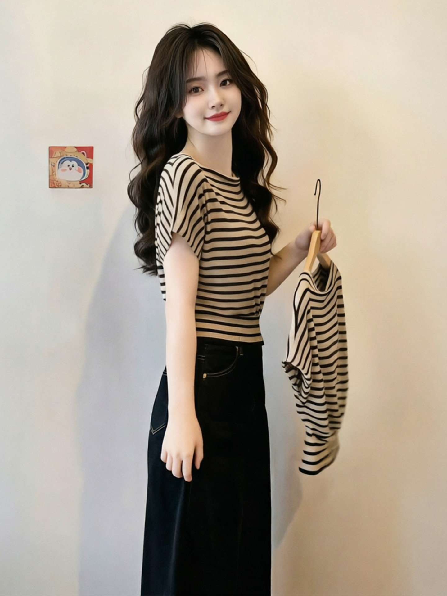 Women's Black Apricot Striped Batwing Sleeve T-Shirt Summer 2026 Short Sleeve Top - Image 4