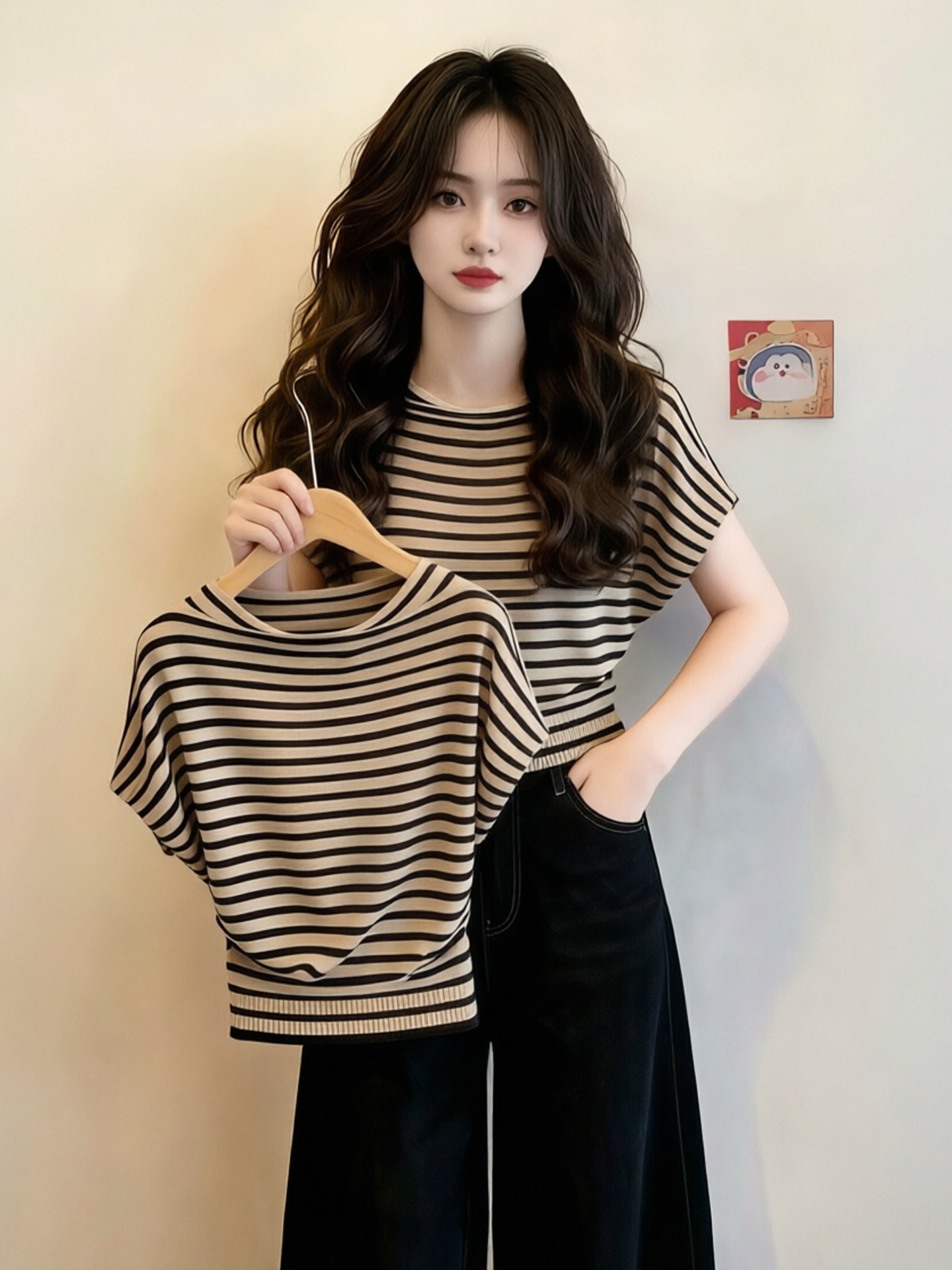 Women’s Black Apricot Striped Batwing Sleeve T-Shirt Summer 2026 Short Sleeve Top