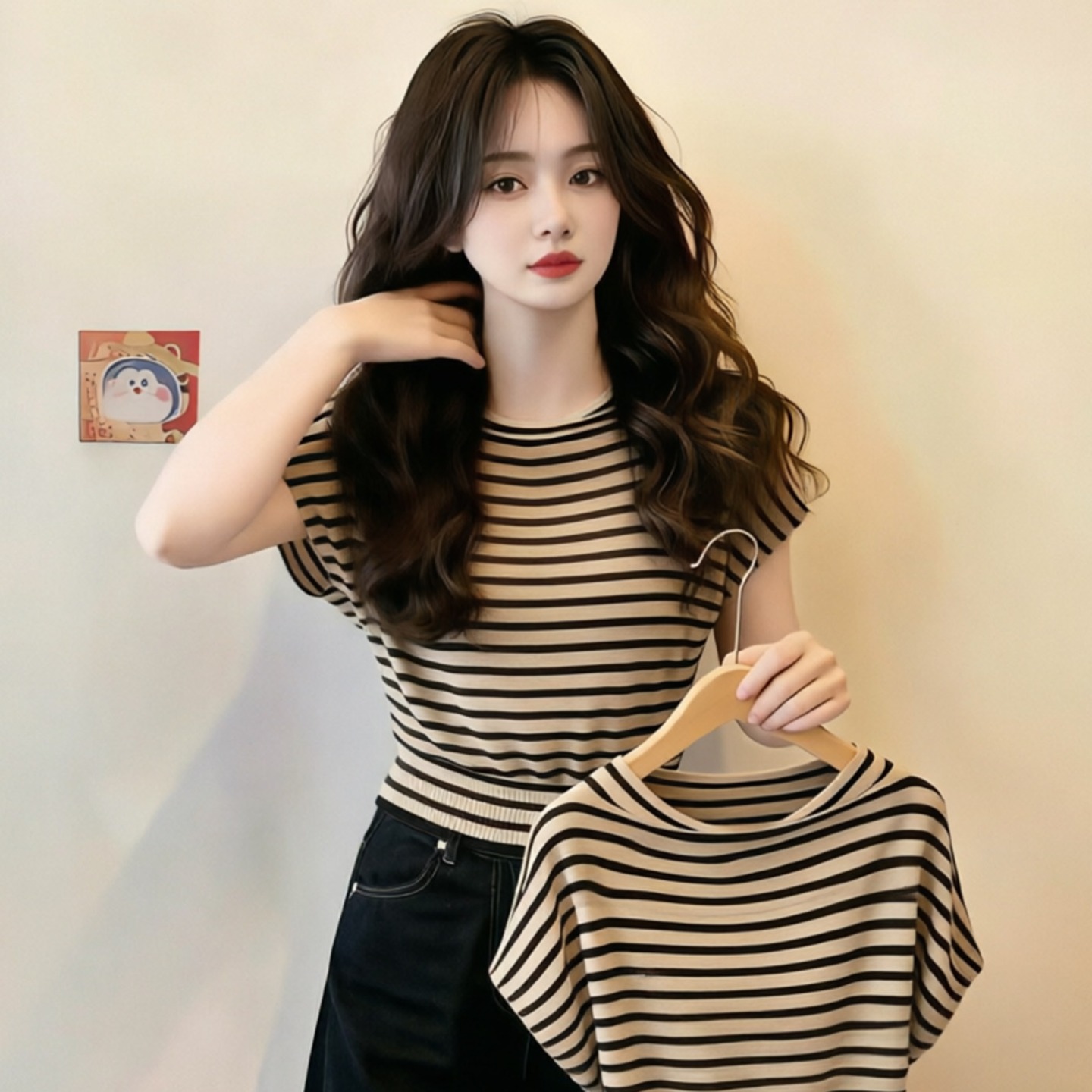 Women's Black Apricot Striped Batwing Sleeve T-Shirt Summer 2026 Short Sleeve Top - Image 5