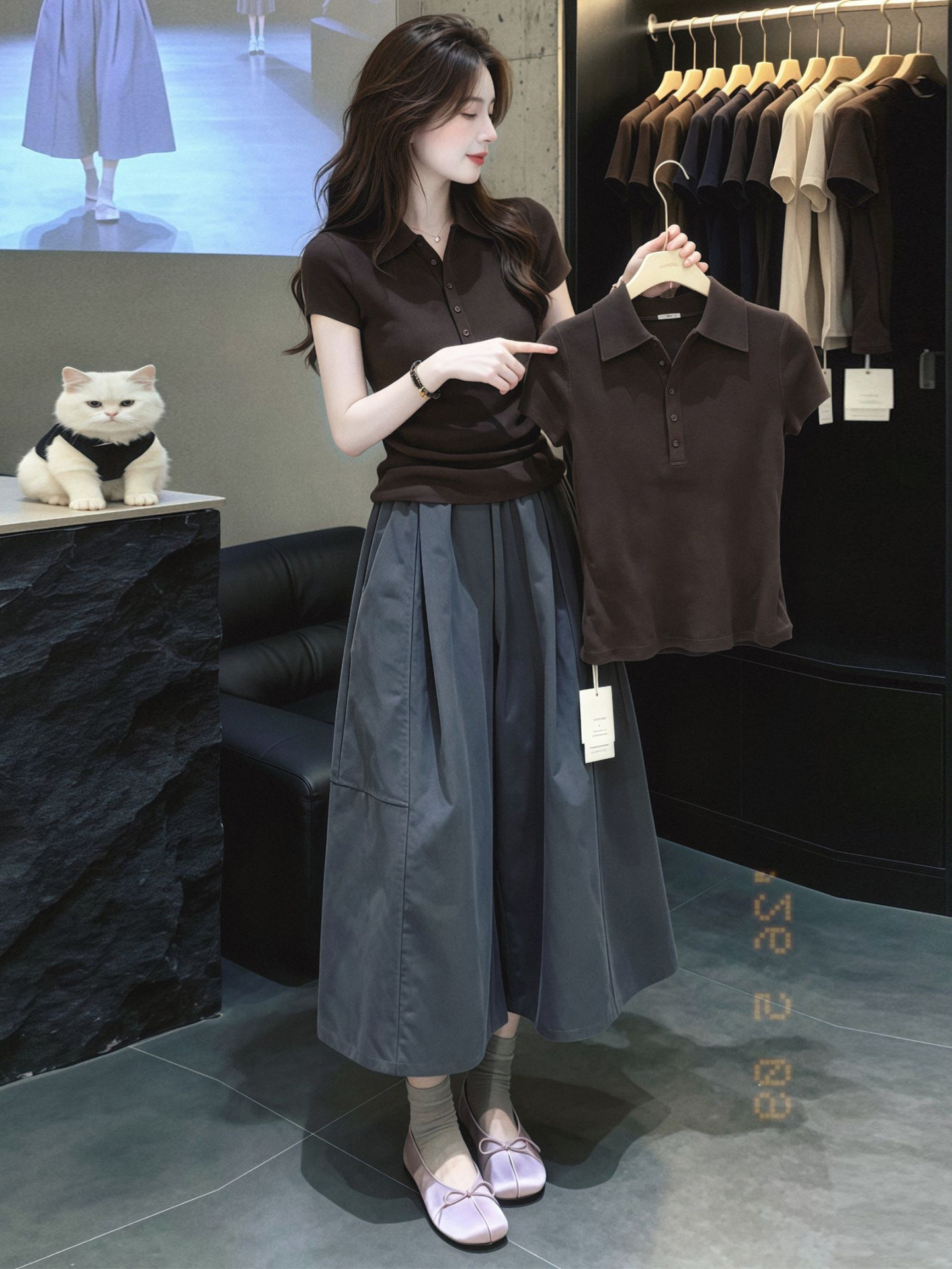 Coffee Brown Button Slim Fit Polo Collar Short Sleeve T-Shirt for Women 2026 Summer - Image 4