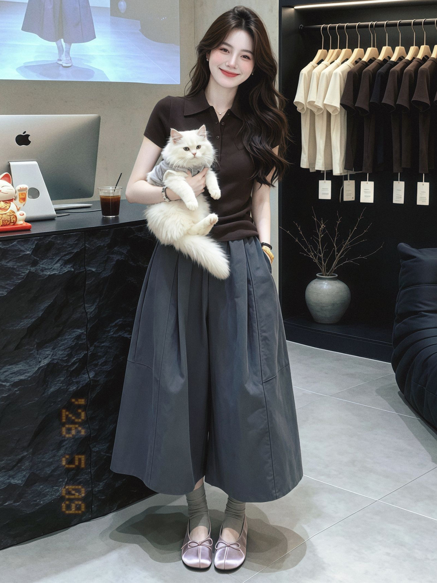 Coffee Brown Button Slim Fit Polo Collar Short Sleeve T-Shirt for Women 2026 Summer - Image 2
