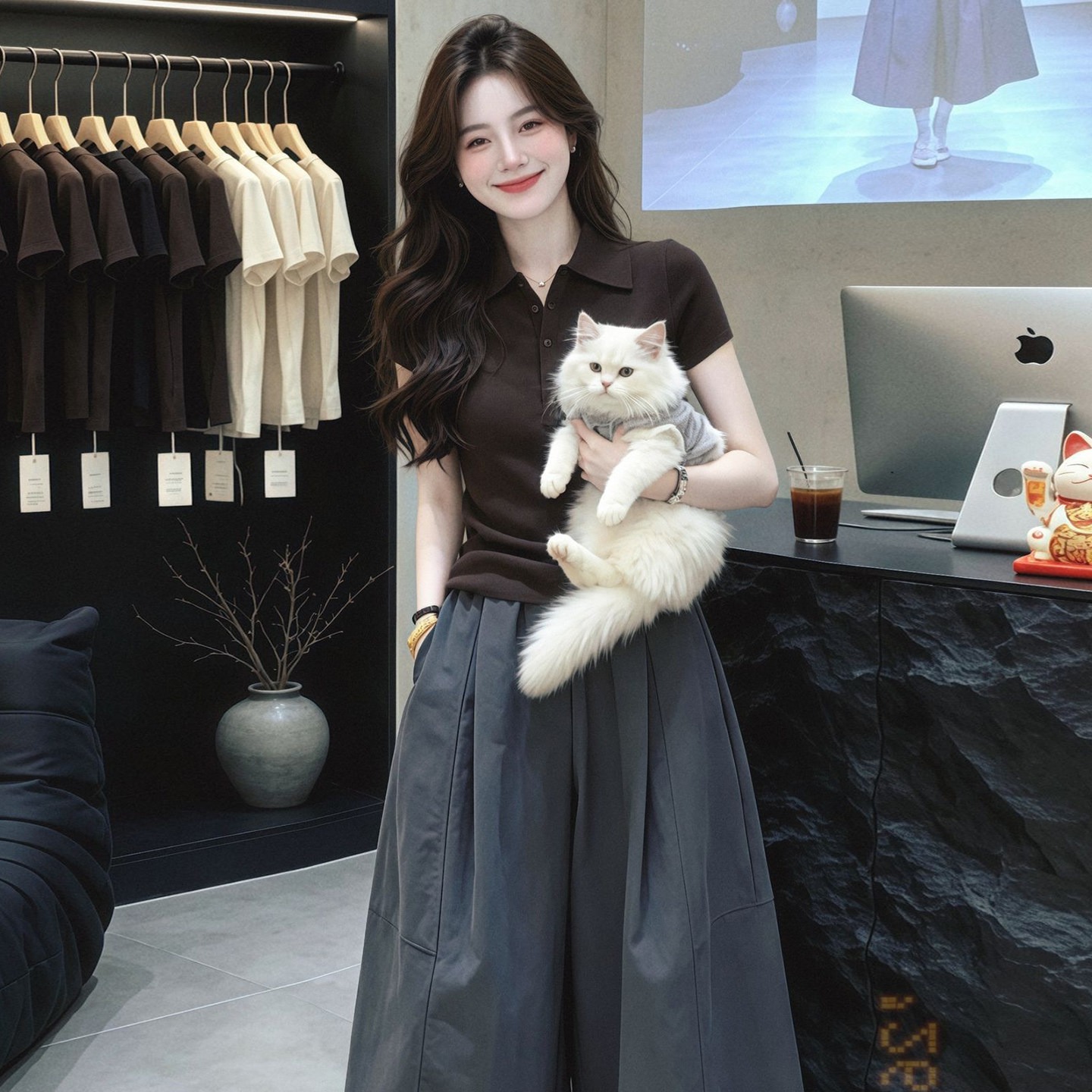 Coffee Brown Button Slim Fit Polo Collar Short Sleeve T-Shirt for Women 2026 Summer - Image 5